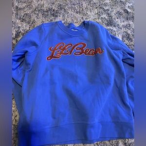 LL Bean Varsity Pullover Blue Crewneck Orange Words Large